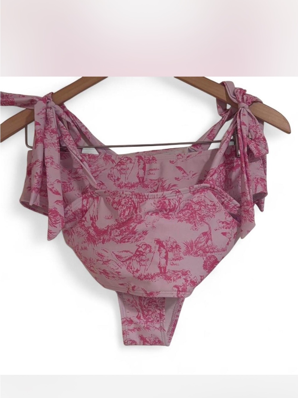Pink Toile Print Tie-Shoulder Bikini Top and Bottom - M